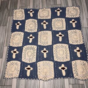 Handmade Grandma Square Crochet Throw Blanket With 3D Cross Motfit Blue & Ivory